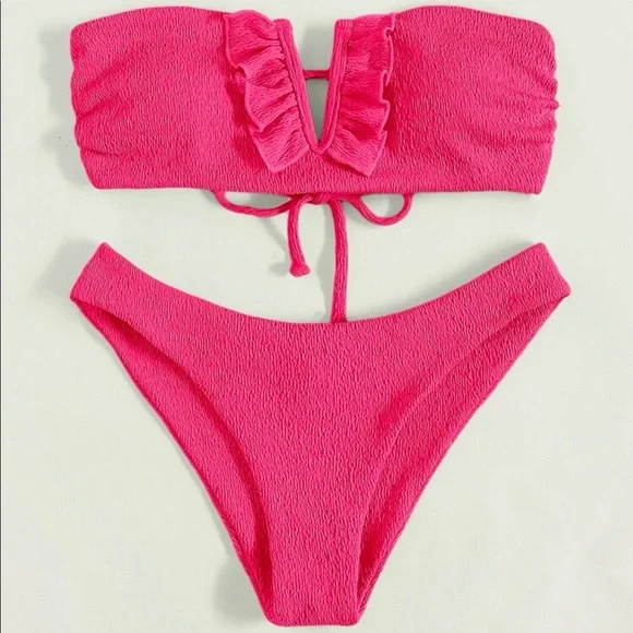 Sexy Hot Pink Ruffles V Neck Crisscross tie back Cheeky Bikini Swimwear Beach - Picture 3 of 6